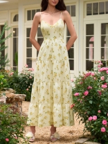 Yellow Straps Halter V Neck Printed Backless Bow Casual Vacation Long Dress