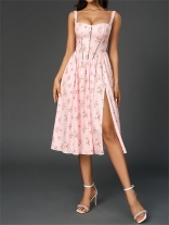 Pink Straps Low Cut V Neck Printed High Split Pleated Vacation Midi Dress