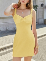 Yellow Lace Ruched V Neck Halter Bodycon Women Party Mini Dress