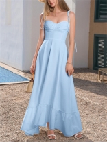 Blue Low Cut Straps Lace Up Ruched Cups Pleated Women Ruffles Luxury Dress