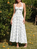 Blue Printed Halter V Neck Ruffles Casual Women Summer Midi Dress