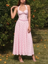 Pink Halter V Neck Ruffles Casual Women Summer Printed Midi Dress
