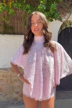 Pink Lace Two Pieces Hollow Out Irregular Tops with Sexy Short Sets