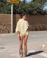 Yellow Lace Two Pieces Hollow Out Irregular Tops with Sexy Short Sets