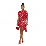 Red Summer Women Printed Party Fashion Mini Dress
