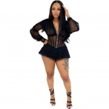 Black Long Sleeve Mesh Single Breasted Party Rompers
