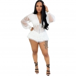 White Long Sleeve Mesh Single Breasted Party Rompers
