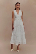 White Two Pieces Deep V Neck Lace Hollow Summer Vacation Maxi Dress Sets