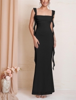 Black Straps Boat Neck Tassels Mesh Bodycon Evening Gowns Long Dress