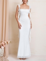 White Straps Boat Neck Tassels Mesh Bodycon Evening Gowns Long Dress