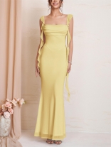 Yellow Straps Boat Neck Tassels Mesh Bodycon Evening Gowns Long Dress