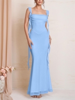Blue Straps Boat Neck Tassels Mesh Bodycon Evening Gowns Long Dress