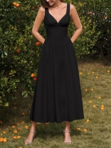 Black Straps V Neck Sexy Fashion Hot Girl Folds Vacation Maxi Dress
