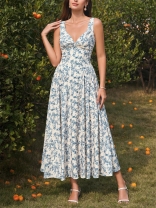 Blue Straps V Neck Sexy Fashion Hot Girl Folds Vacation Maxi Dress