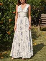 Blue Sleeveless V Neck Printed Floral Vacation Maxi Dress