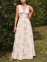 Pink Sleeveless V Neck Printed Floral Vacation Maxi Dress