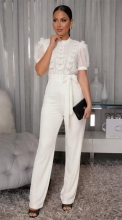 White Short Sleeve Lace Patchwork Casual Women Belt Sexy Jumpsuits