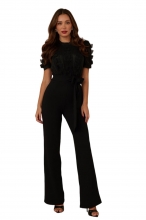 Black Short Sleeve Lace Patchwork Casual Women Belt Sexy Jumpsuits