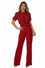 Claret Short Sleeve Lace Patchwork Casual Women Belt Sexy Jumpsuits