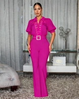 Rose Red Short Sleeve Lace Patchwork Hollow Out Elegant Women Jumpsuit Dress