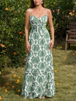 Green Printed Floral Sleeveless Straps Ruched A-Line Women Casual Long Dress