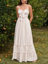 Pink Printed Floral Sleeveless Straps Ruched A-Line Women Casual Long Dress