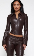 Black Two Pieces PU Leather Zipper Coat Lace Up Women Party Pant Sets
