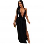 Black Sleeveless Halter Deep V Neck Snatched Bodycon Maxi Club Dress