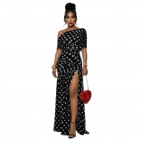 Black Off Shoulder Print Polka Dots Elegant Women Evening Prom Long Dress