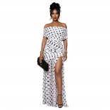 White Off Shoulder Print Polka Dots Elegant Women Evening Prom Long Dress