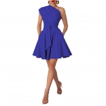 Blue Sleeveless One Sleeve Pleated Belt Mini Skirt Dress