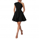 Black Sleeveless One Sleeve Pleated Belt Mini Skirt Dress