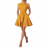 Yellow Sleeveless One Sleeve Pleated Belt Mini Skirt Dress
