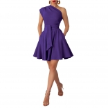Purple Sleeveless One Sleeve Pleated Belt Mini Skirt Dress