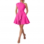 Rose Red Sleeveless One Sleeve Pleated Belt Mini Skirt Dress