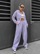 Purple Two Pieces Two Pieces Zipper Hooded Casaul Fashion Long Pant Sets