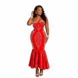 Red Off Shoulder Low Cut Bodycon Diamonds Ruffles Midi Evening Birthday Dress