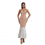 Beige Off Shoulder Low Cut Bodycon Diamonds Ruffles Midi Evening Birthday Dress