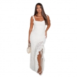 White Lace Straps Low Cut Boat Neck High Split Ruffles Party Evening Midi Dress