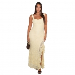 Beige Lace Straps Low Cut Boat Neck High Split Ruffles Party Evening Midi Dress