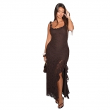 Brown Lace Straps Low Cut Boat Neck High Split Ruffles Party Evening Midi Dress