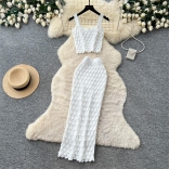 White Two Pieces Straps Boat Neck Knitted Tassels Midi Skirt Sets