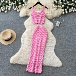 Pink Two Pieces Straps Boat Neck Knitted Tassels Midi Skirt Sets