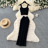 Black Two Pieces Straps Boat Neck Knitted Tassels Midi Skirt Sets