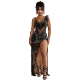 Black Sleeveless V Neck Diamonds High Split Evening Party Long Dress