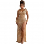Khaki Sleeveless V Neck Diamonds High Split Evening Party Long Dress