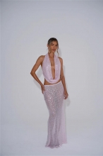 Pink Sequins Two Pieces Mesh See Through Halter Tops Sexy Long Skirt Sets