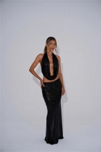 Black Sequins Two Pieces Mesh See Through Halter Tops Sexy Long Skirt Sets