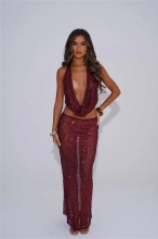 Red Sequins Two Pieces Mesh See Through Halter Tops Sexy Long Skirt Sets