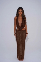 Brown lack Sequins Two Pieces Mesh See Through Halter Tops Sexy Long Skirt Sets